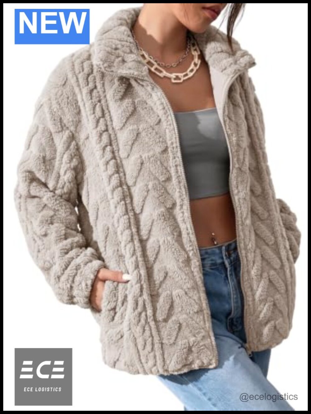 Fleece Jacket 100% Polyester Zip Up Oversized Winter Coat with Pockets